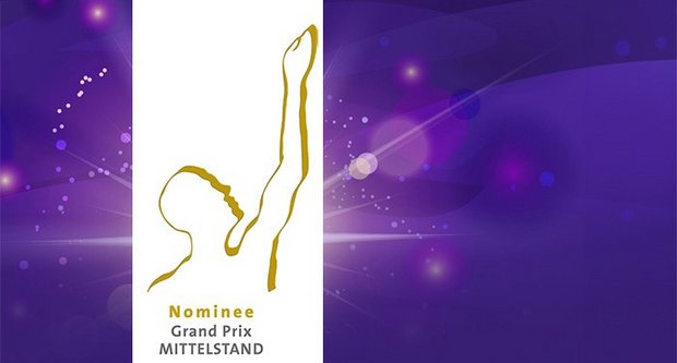 Nominee Grand Prix Mittelstand Logo with purple background "Nominee Grand Prix Mittelstand"